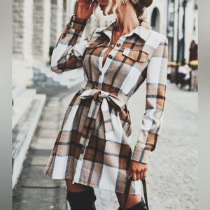 NEW Soft Plaid Flannel Shirt Dress Shacket Tan White Black Button Up